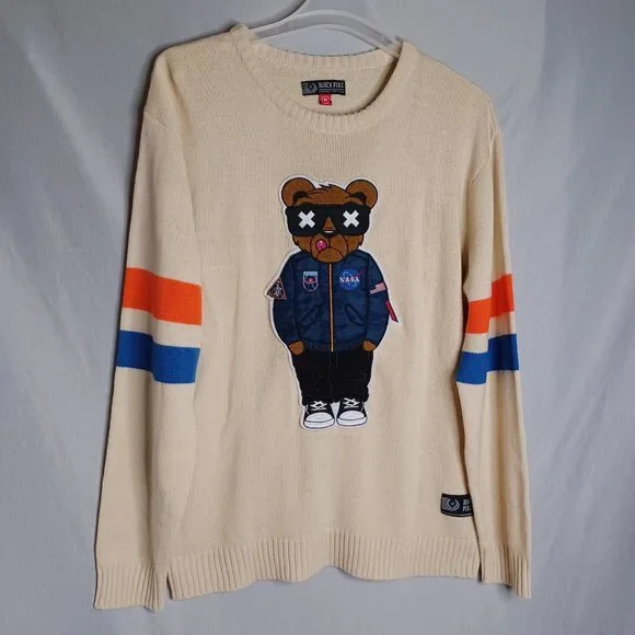 Black Pike Nasa Bear Sweater Mens XL Beige Knit Long Sleeve Blokecore Striped - Picture 1 of 9